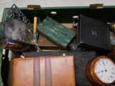 A mixed collection of items: to include modern wooden mantle clock, dominoes, picture frame etc (1