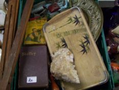 A mixed collection of items: including wooden easel, brass wall plaque, vintage darts etc (1 tray).