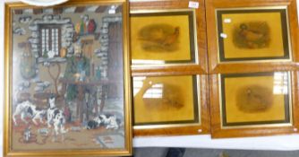 Four framed ducked themed prints: together with a tapestry of a man with dogs (5)