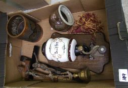 A mixed collection of items to include: a wall mounted coffee grinder, salt glazed pot, religious