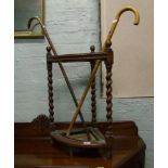 Oak barley twist umbrella/ stick stand: with two walking sticks