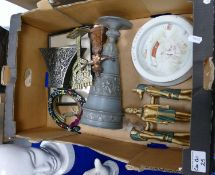 A mixed collection of items to include: Shelley Baby Plate, Brass items, Egyptian theme figure etc
