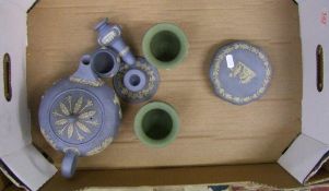 A collection of Wedgwood Japser ware to include: teapot, lidded box, sage green vases etc