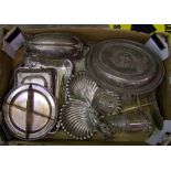 A collection of silver plated items to include: Serving dishes, Trays, Vases, etc
