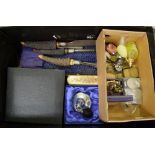 A mixed collection of items to include: horn handled carving set, perfume bottles, lighter, decanter