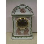 Wedgwood tri colour Tempus Fugit mantle clock: green, lilac and white with a modern clock movement (