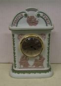 Wedgwood tri colour Tempus Fugit mantle clock: green, lilac and white with a modern clock movement (
