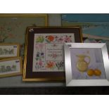 A collection of 4 framed modern prints and 2 framed needlework items: (6).