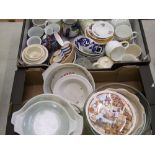 A mixed collection of kitchen ware: storage jars, oven dishes, cups etc (2 trays).