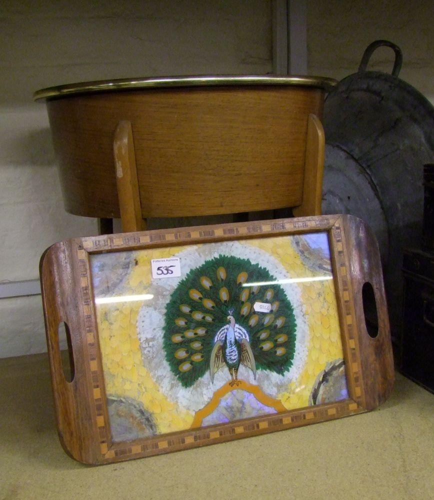 A small wooden inlaid tray with peacock design: together with a vintage sewing box (2)