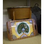A small wooden inlaid tray with peacock design: together with a vintage sewing box (2)