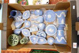 A collection of Wedgwood jasper ware: to include green vase blue pin trays, bud vases, jug etc ( 1