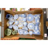 A collection of Wedgwood jasper ware: to include green vase blue pin trays, bud vases, jug etc ( 1