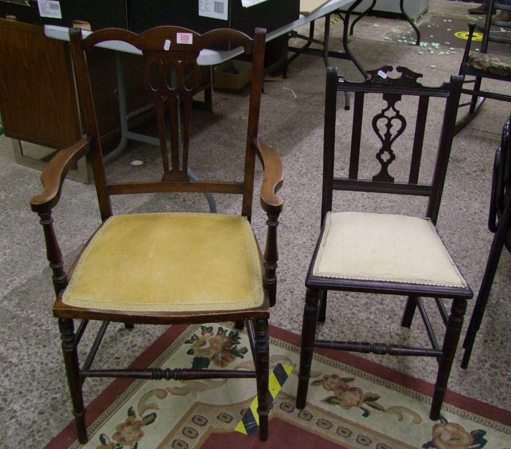 Edwardian oak open armchair: together with a similar hall chair (2)