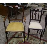 Edwardian oak open armchair: together with a similar hall chair (2)