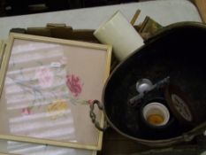 A mixed collection of items: brass coal bucket, framed tapestries etc.