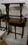 Mahogany drop leaf sutherland table: together with a small dark wood bench (2)