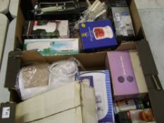 A mixed collection of kitchen items: scales, electric knife, electric tin opener, cutlery etc (2
