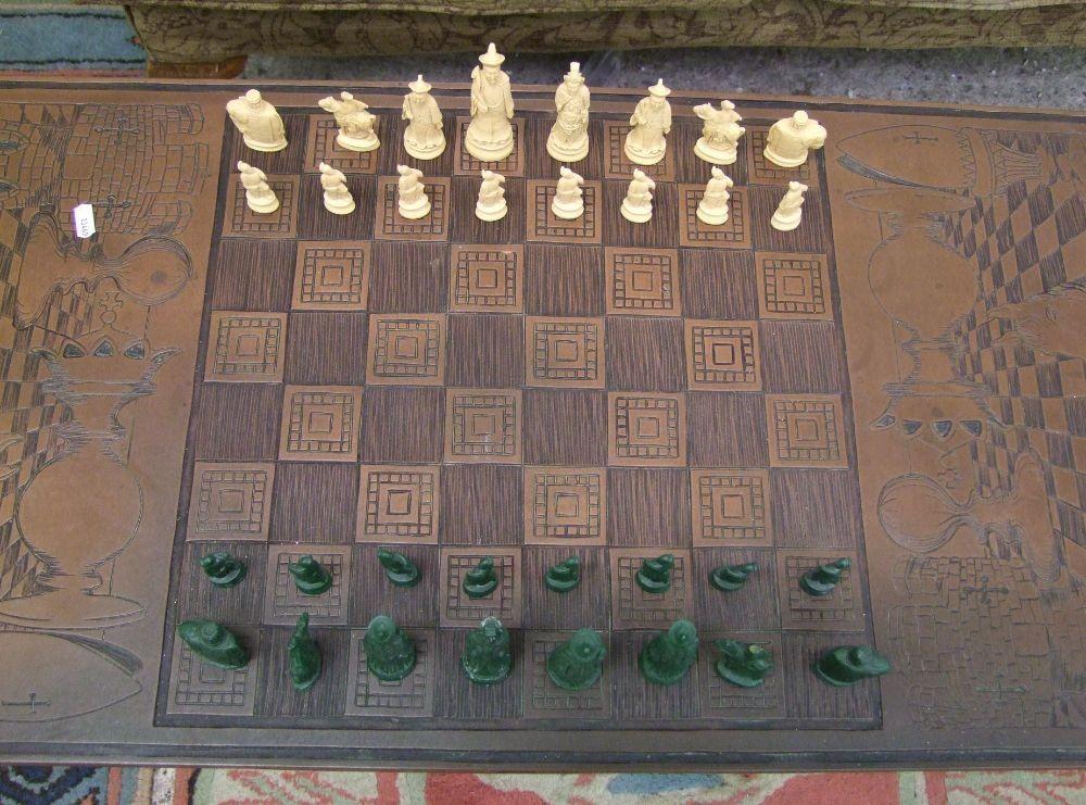 Carved wooden / metal chess table on fluted legs: together with chess pieces (1 damaged) - Image 2 of 2