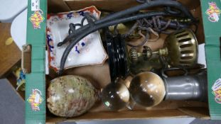 A mixed collection of items to include: Putter Tankard, Horse Irons, Bull Whip, Witches Balls etc