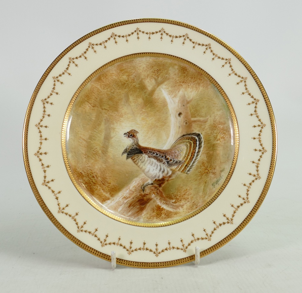 Royal Doulton gilded cabinet plate hand painted with Ruffed Grouse by J Birbeck Senior: Diameter - Image 3 of 3