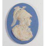 Wedgwood solid pale blue Jasper portrait medallion of Alexandra The Great: c1790, h11.4cm.