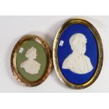 Wedgwood dark blue portrait plaque of Gentleman in silver plated frame together with small green &