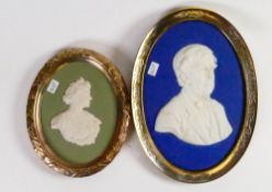 Wedgwood dark blue portrait plaque of Gentleman in silver plated frame together with small green &
