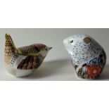 Two x Royal Crown Derby paperweights DERBY WREN and POPPY MOUSE: 1 gold, 1 silver stopper,