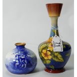 Doulton Lambeth Faience vase decorated with flowers and small Doulton blue children vase: Tallest