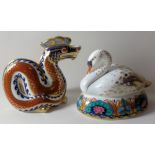 Two x Royal Crown Derby paperweights SWAN and DRAGON: Gold stoppers, certificates, first quality,