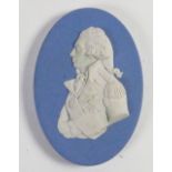 Wedgwood solid pale blue Jasper portrait medallion of Viscount Admiral Horatio Nelson: c1965, h9cm.