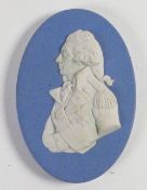 Wedgwood solid pale blue Jasper portrait medallion of Viscount Admiral Horatio Nelson: c1965, h9cm.