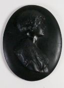 Wedgwood rare solid black Jasper portrait medallion of Mamie Gordon-Moore: c1925 modelled by Bert