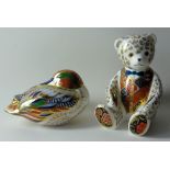 Two x Royal Crown Derby paperweights TEDDY and TEAL: Both with gold stoppers.