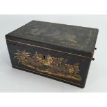 Chinese export lacquer games box and ivory pieces: Includes various red and white ivory counters,
