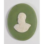 Wedgwood Sage green dipped Jasper portrait medallion of George V: c1910, h7.7cm.