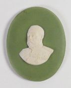 Wedgwood Sage green dipped Jasper portrait medallion of George V: c1910, h7.7cm.