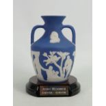 Wedgwood Queens blue commemorative Portland vase: Mounted on wooden plinth, height 18cm.