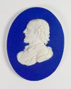 Wedgwood dark blue dipped Jasper portrait medallion of William Shakespeare: c1850, h10.6cm.