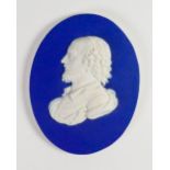 Wedgwood dark blue dipped Jasper portrait medallion of William Shakespeare: c1850, h10.6cm.