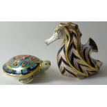 Two x Royal Crown Derby paperweights SEAHORSE and TERRAPIN: Both gold stoppers.