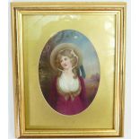 Porcelain portrait plaque by Leslie Johnson: Hand painted with portraits of a lady in a hat in