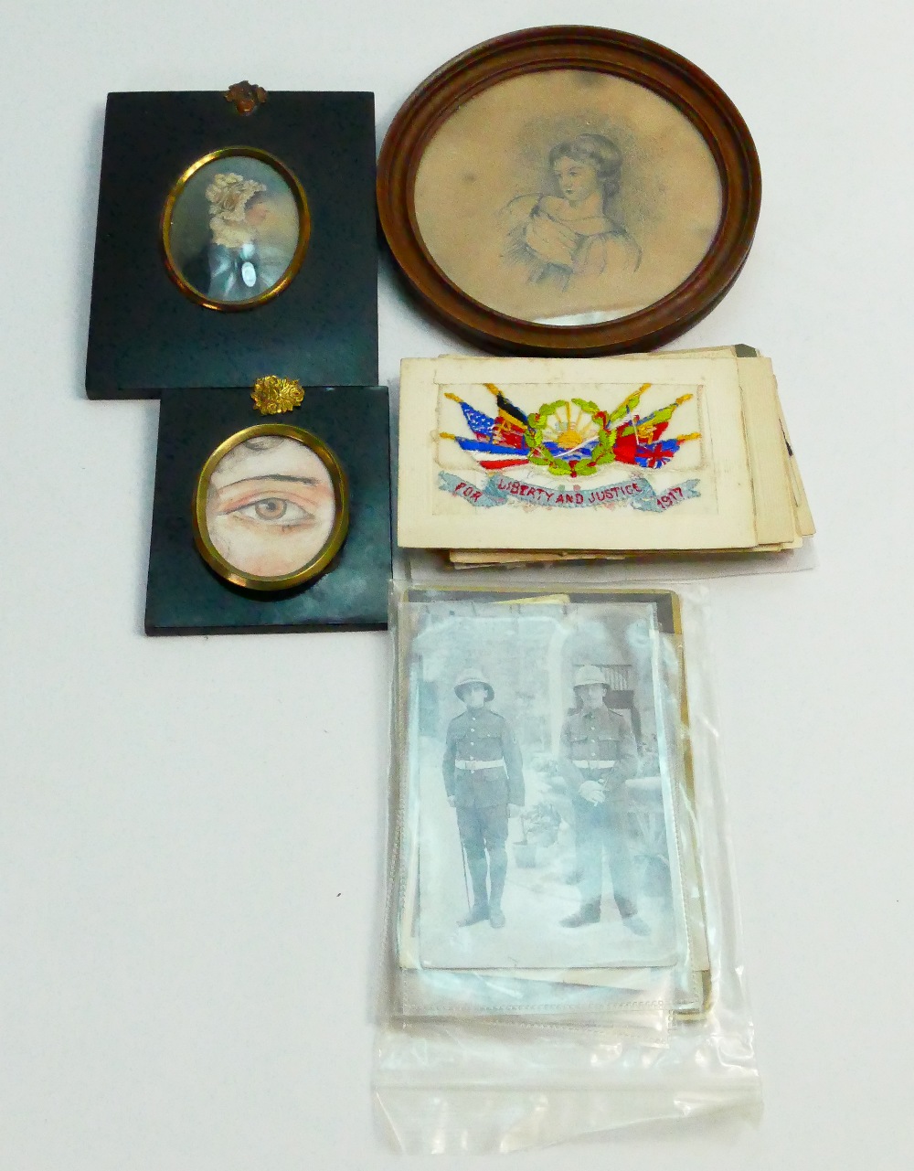 Lot including hand painted miniature and 2 similar items: Together with postcards & photographs etc.