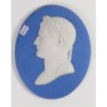 Wedgwood 19th century blue portrait plaques of Napoleon (crazing to relief): Height 13cm.