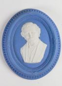 Wedgwood solid blue Jasper portrait medallion of Lloyd George: Modelled by Bert Bentley c1925, h16.