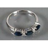 9ct white gold ladies ring set with 3 Sapphires and Diamonds: Size N, 2.5g.