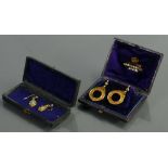 Victorian cased high carat gold earrings on wires: Together with smaller pair of high carat gold &