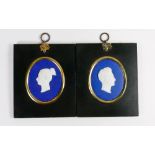 Wedgwood pair of dark blue dipped Jasper portrait medallions: Young Queen Victoria and Prince