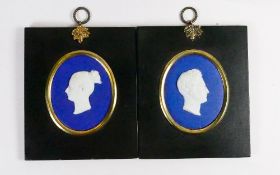 Wedgwood pair of dark blue dipped Jasper portrait medallions: Young Queen Victoria and Prince